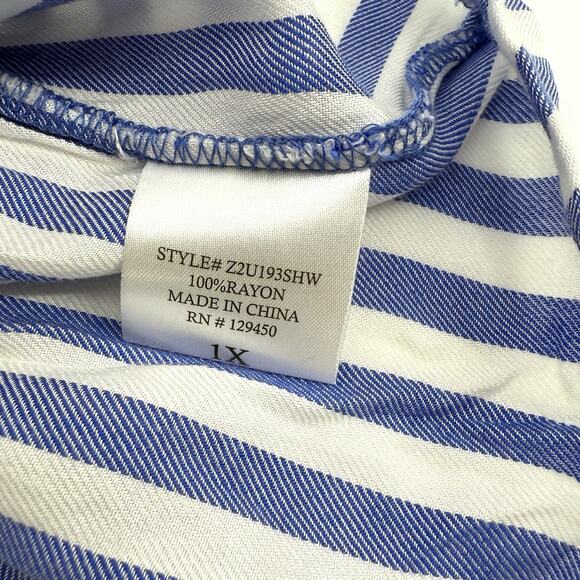 Fred David Plus Sz 1X Blue White Striped Flounce Sleeve Peplum Blouse Top Ruffle - Picture 7 of 10